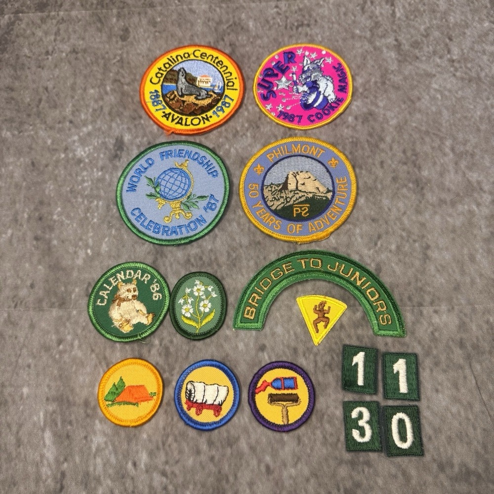 Lot Of 15 Vintage 1987 Girl Scout Patches Super Cookie Magic Bridge To Juniors